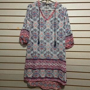 BeBop Womens‎ Geometric Print Tassel V Neck Tunic Dress Blue Red Pink M